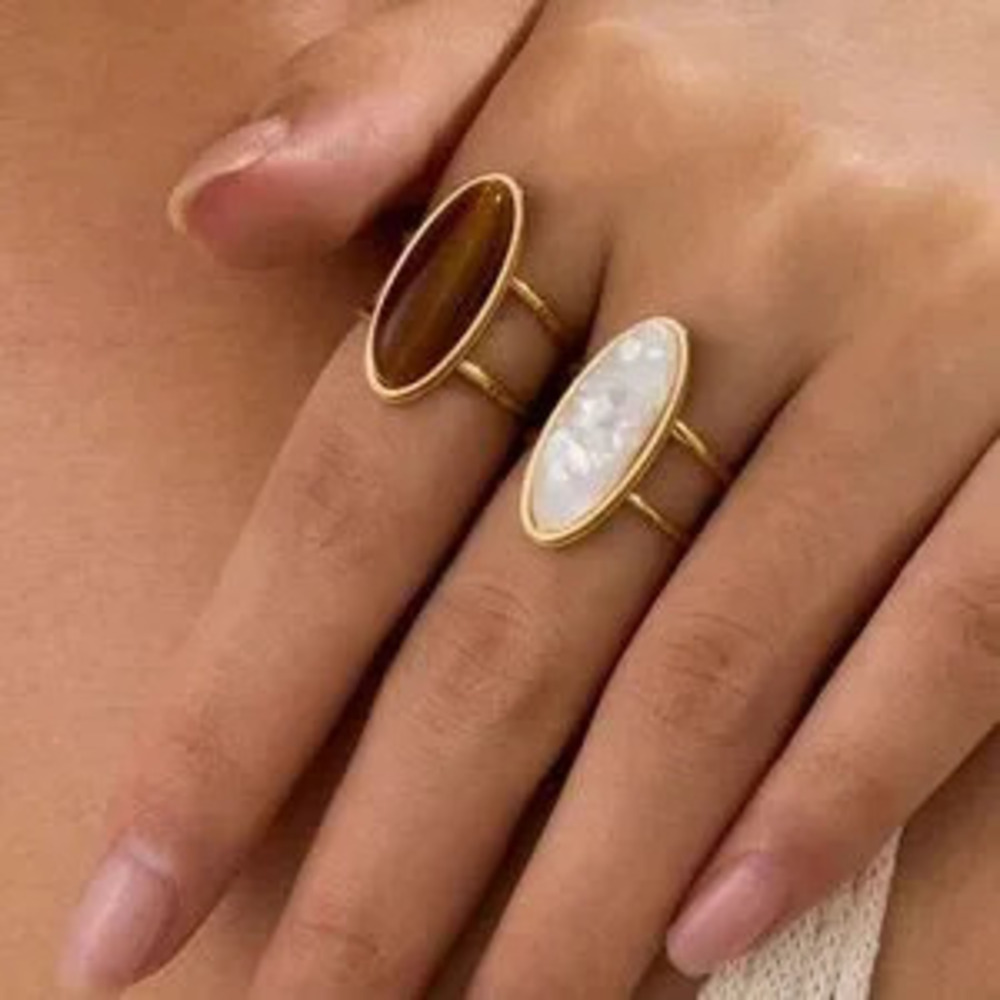 Gold Stainless Steel 2pc Set Adjustable Oval Rings Statement Set